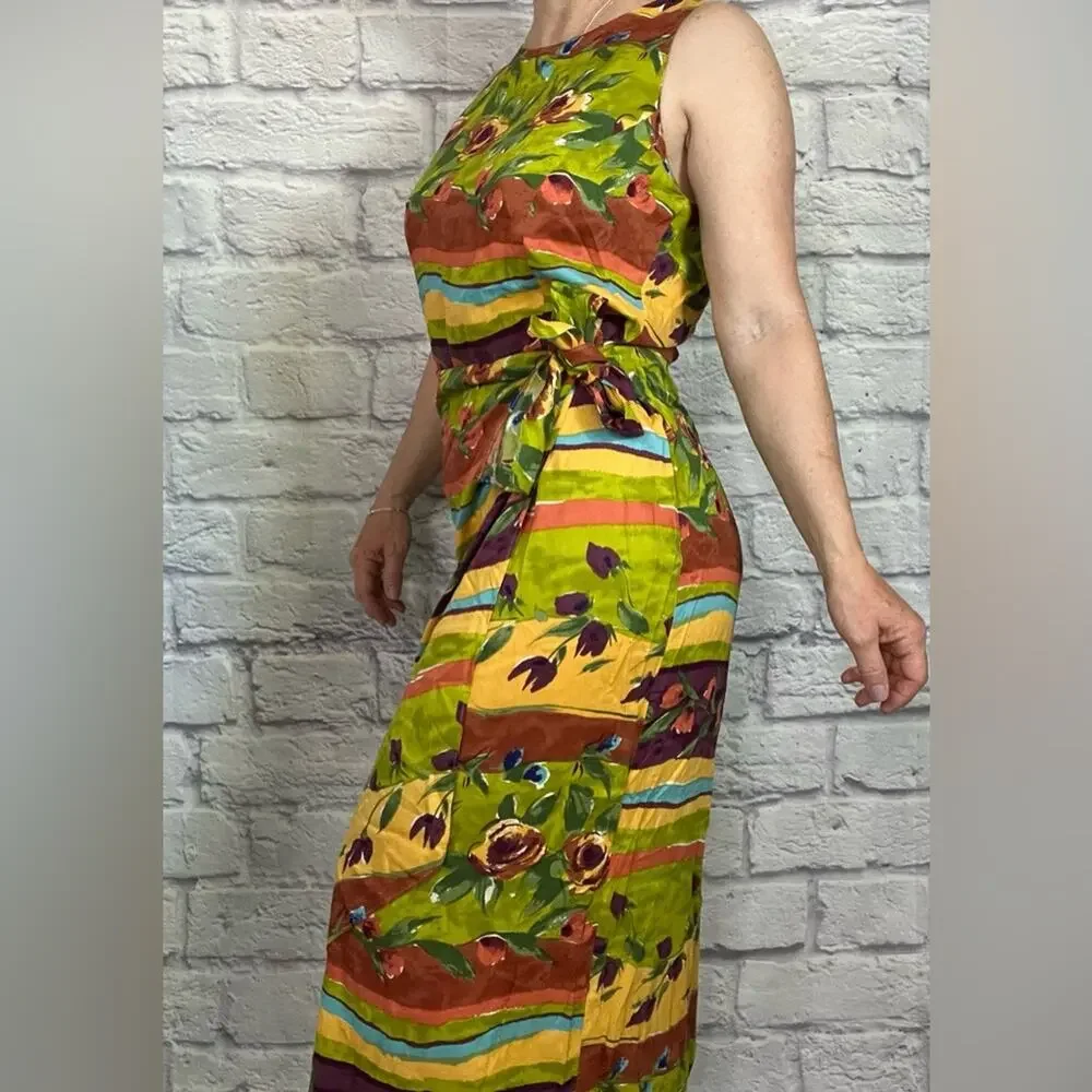 Vintage 90's Boho Floral Beachy Sleeveless Faux Wrap Dress